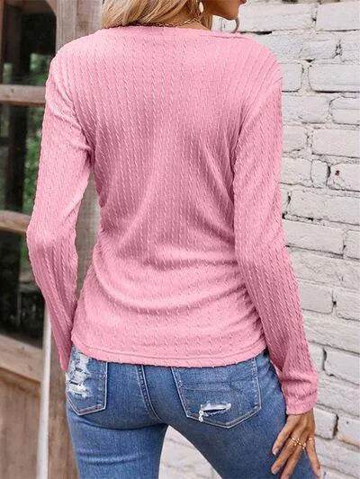 Textured Ruched V-Neck Long Sleeve T-Shirt - Bona Fide Fashion