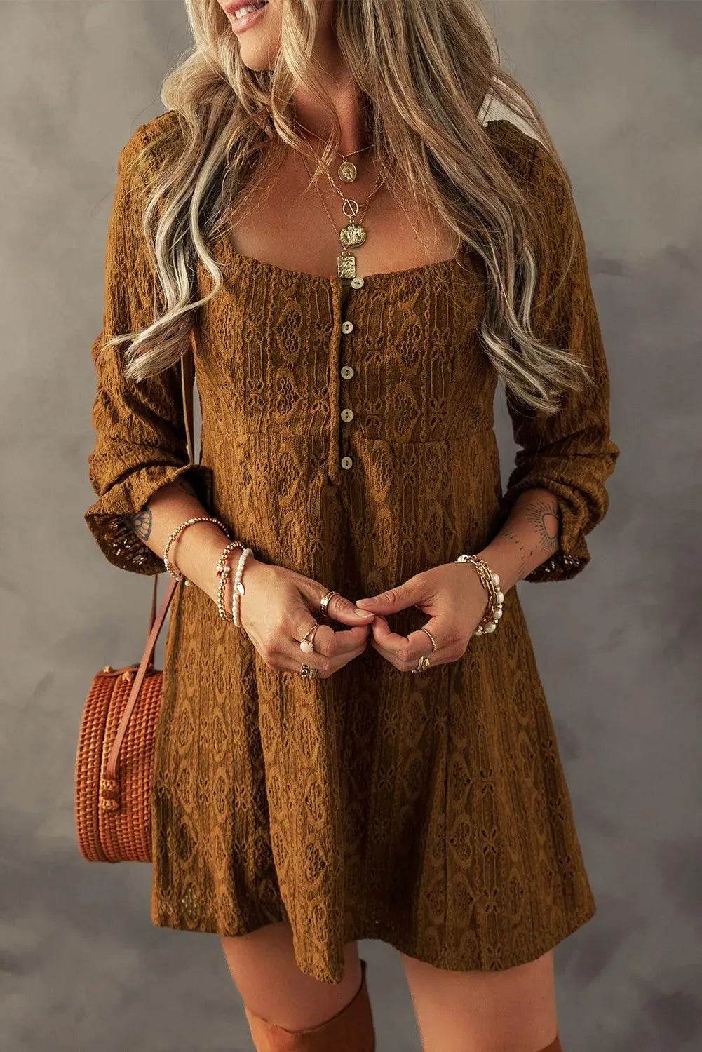 Textured Square Neck Mini Dress - Bona Fide Fashion