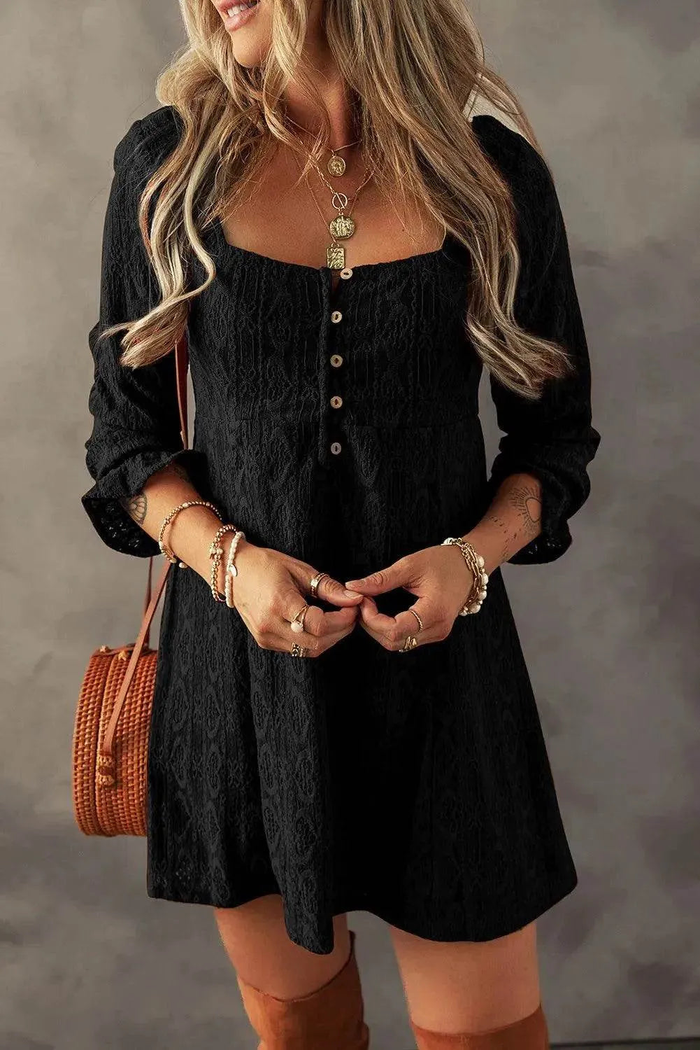 Textured Square Neck Mini Dress - Bona Fide Fashion