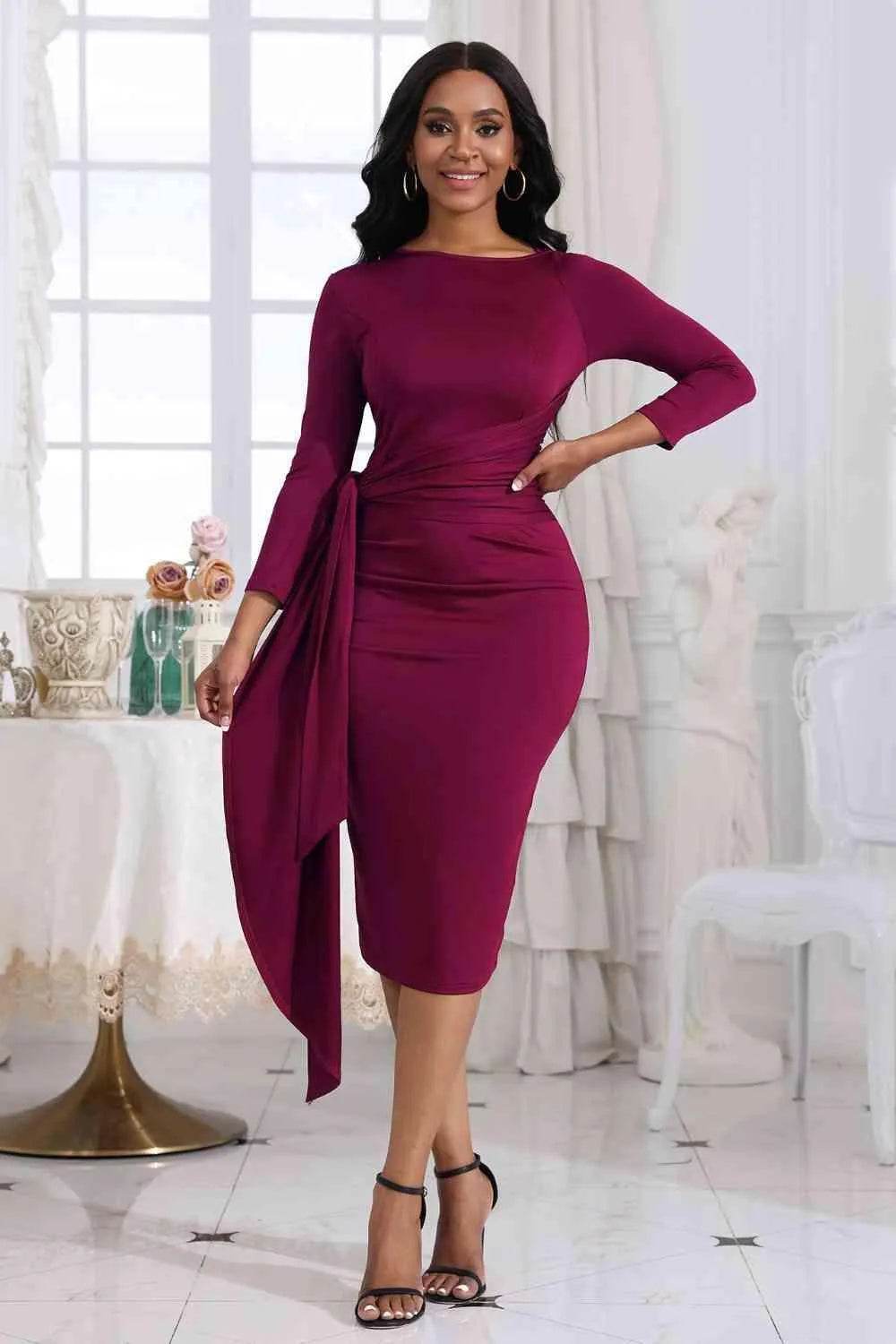 Tie Detail Round Neck Midi Dress - Bona Fide Fashion