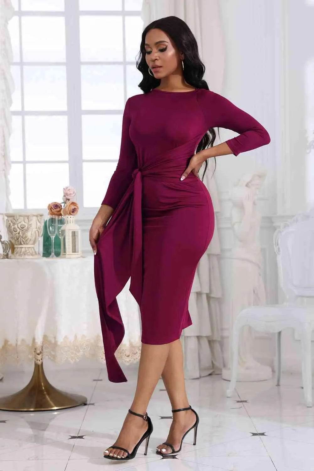 Tie Detail Round Neck Midi Dress - Bona Fide Fashion