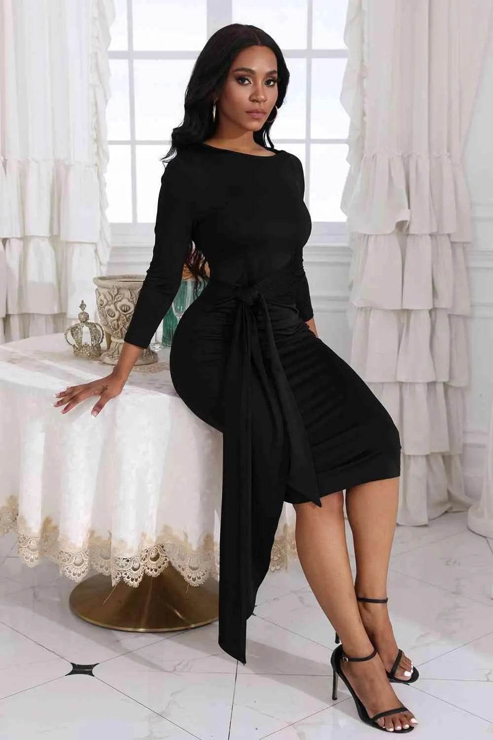 Tie Detail Round Neck Midi Dress - Bona Fide Fashion