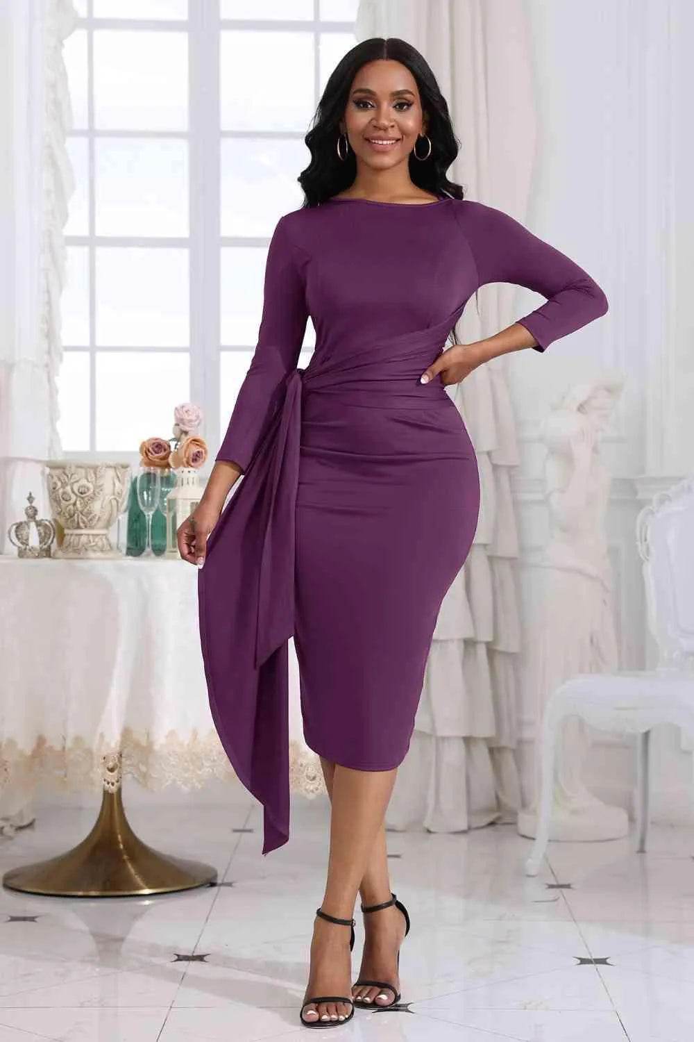 Tie Detail Round Neck Midi Dress - Bona Fide Fashion