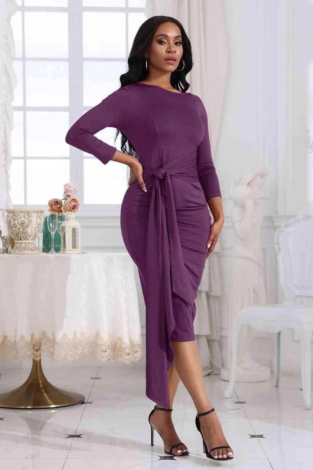 Tie Detail Round Neck Midi Dress - Bona Fide Fashion