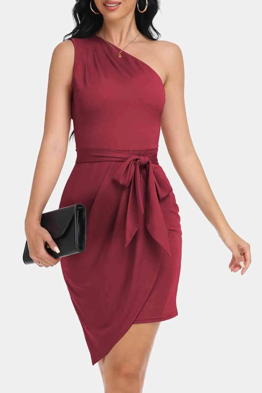Tie Front One-Shoulder Sleeveless Dress - Bona Fide Fashion