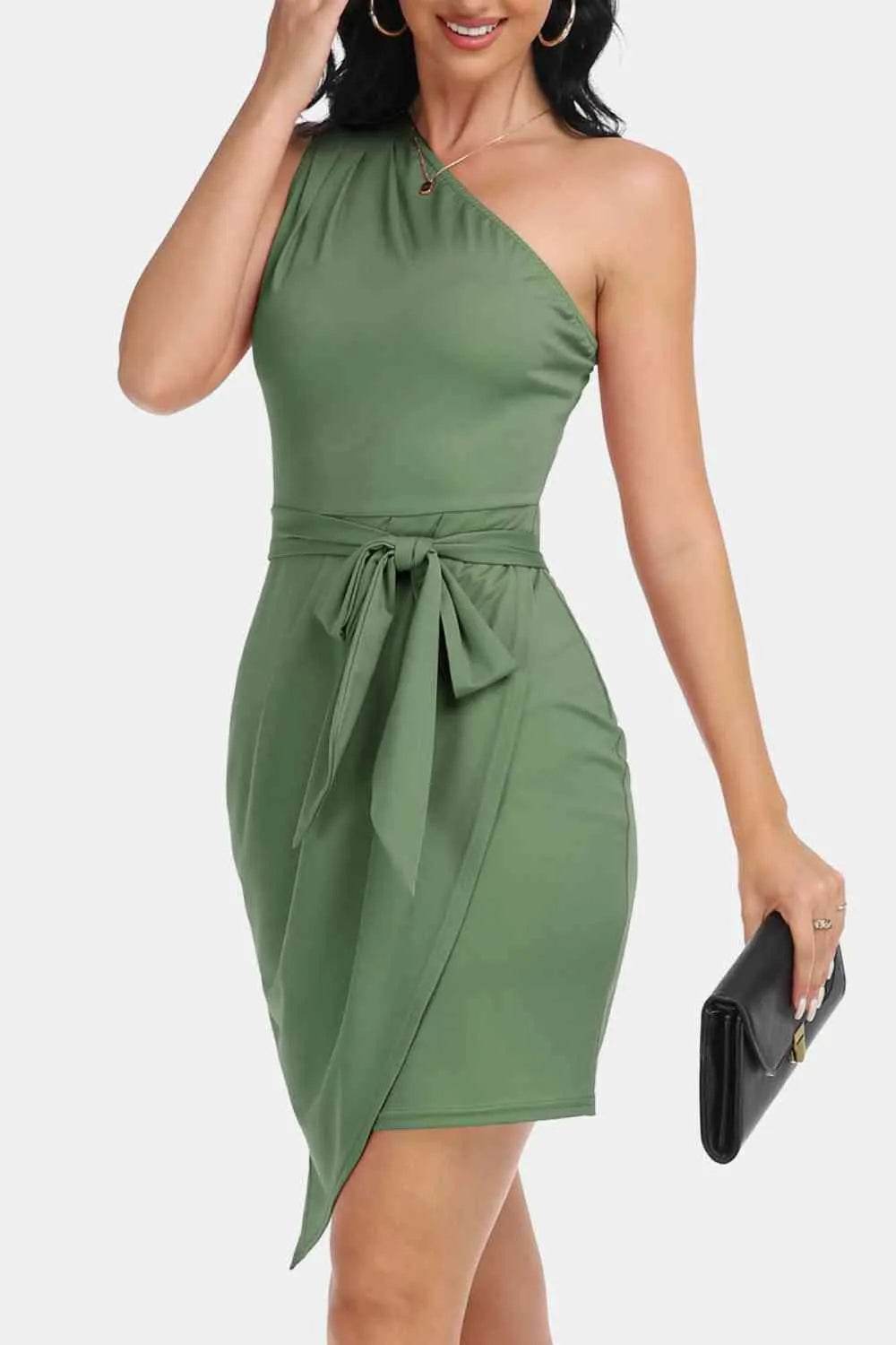 Tie Front One-Shoulder Sleeveless Dress - Bona Fide Fashion