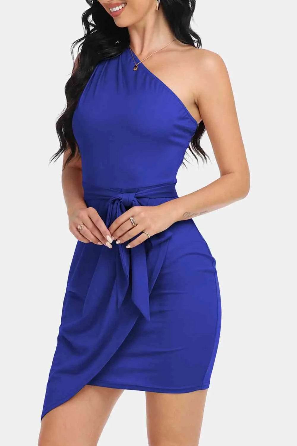 Tie Front One-Shoulder Sleeveless Dress - Bona Fide Fashion