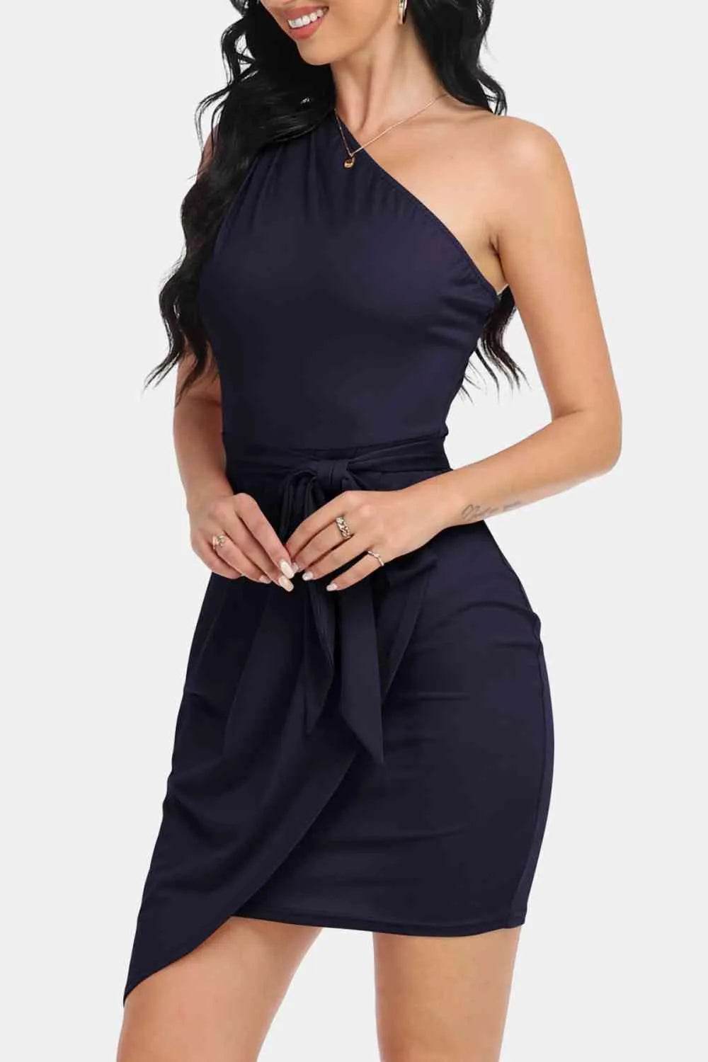 Tie Front One-Shoulder Sleeveless Dress - Bona Fide Fashion