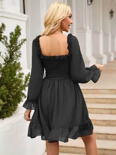 Tie Front Ruffle Hem Smocked Dress - Bona Fide Fashion