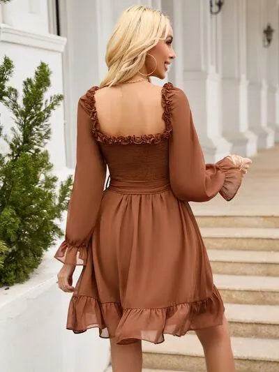Tie Front Ruffle Hem Smocked Dress - Bona Fide Fashion