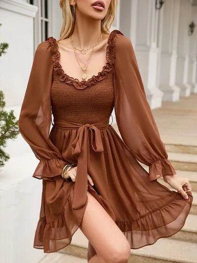 Tie Front Ruffle Hem Smocked Dress - Bona Fide Fashion