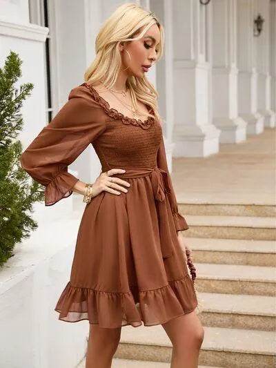Tie Front Ruffle Hem Smocked Dress - Bona Fide Fashion