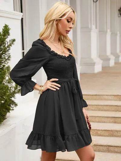 Tie Front Ruffle Hem Smocked Dress - Bona Fide Fashion