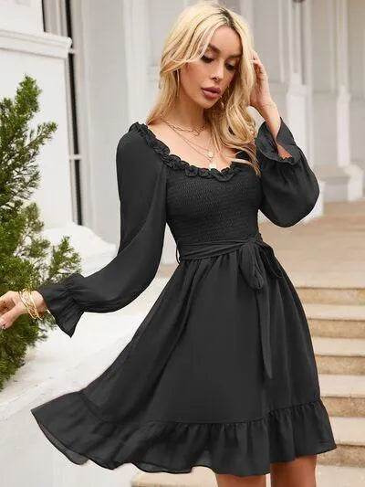 Tie Front Ruffle Hem Smocked Dress - Bona Fide Fashion