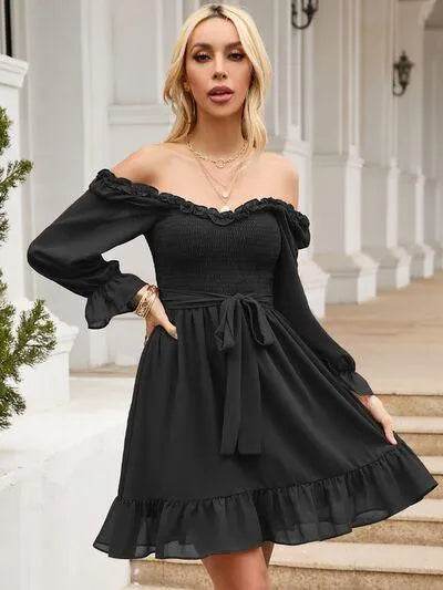 Tie Front Ruffle Hem Smocked Dress - Bona Fide Fashion
