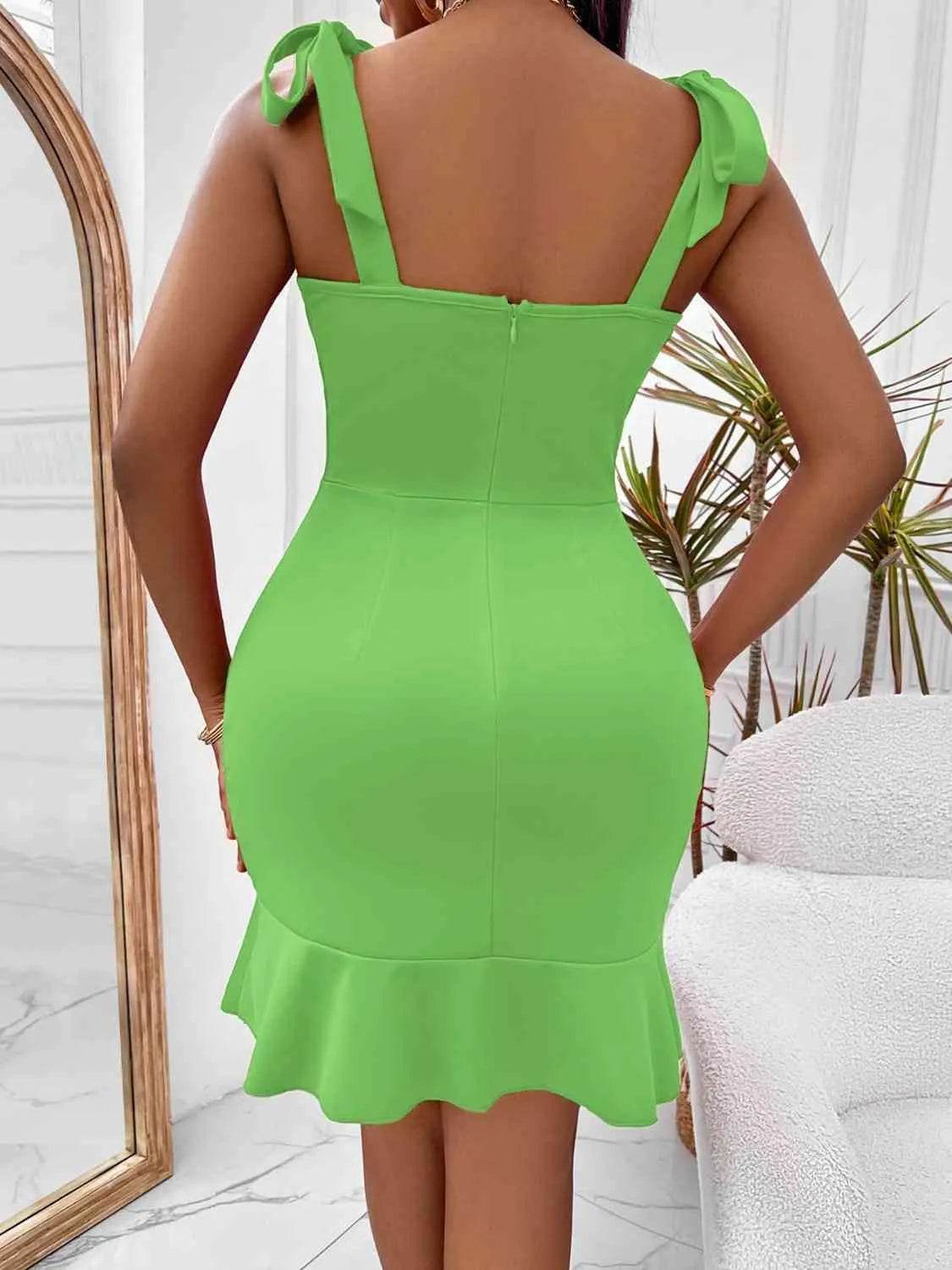 Tie-Shoulder Sweetheart Neck Ruffled Dress - Bona Fide Fashion