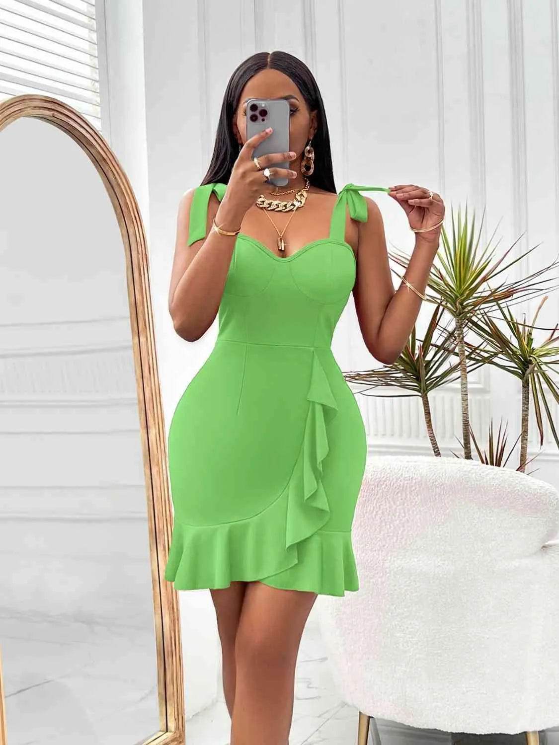 Tie-Shoulder Sweetheart Neck Ruffled Dress - Bona Fide Fashion