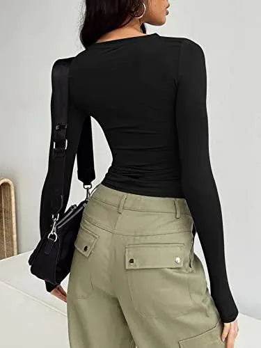 Trendy Queen Long Sleeve Shirts for Women Crop Tops Fall Fashion 2023 Outfits Basic Workout Sexy Sweaters Going Out Shirts Cute Slim Fit Y2K Clothing Winter Clothes Black - Bona Fide Fashion