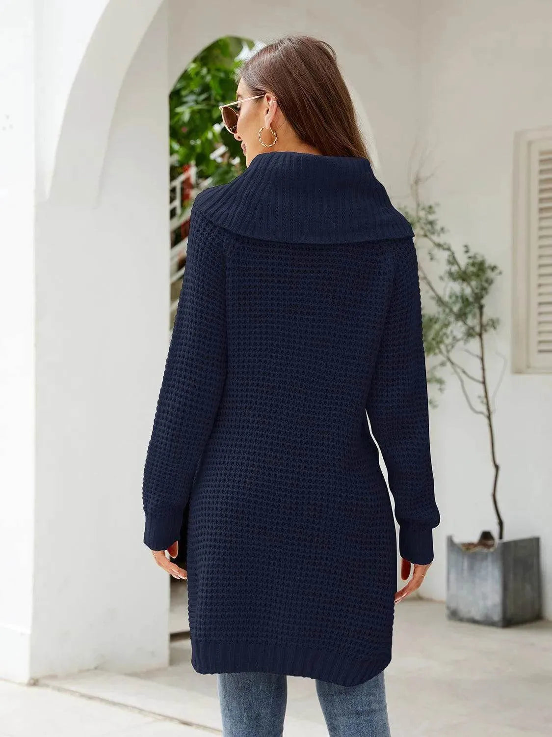 Turtleneck Waffle-Knit Slit Sweater Dress - Bona Fide Fashion