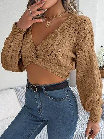 Twisted Cable-Knit V-Neck Sweater - Bona Fide Fashion
