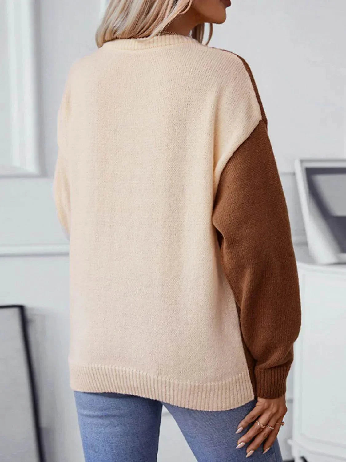 Two Tone Cable Knit Round Neck Long Sleeve Sweater - Bona Fide Fashion