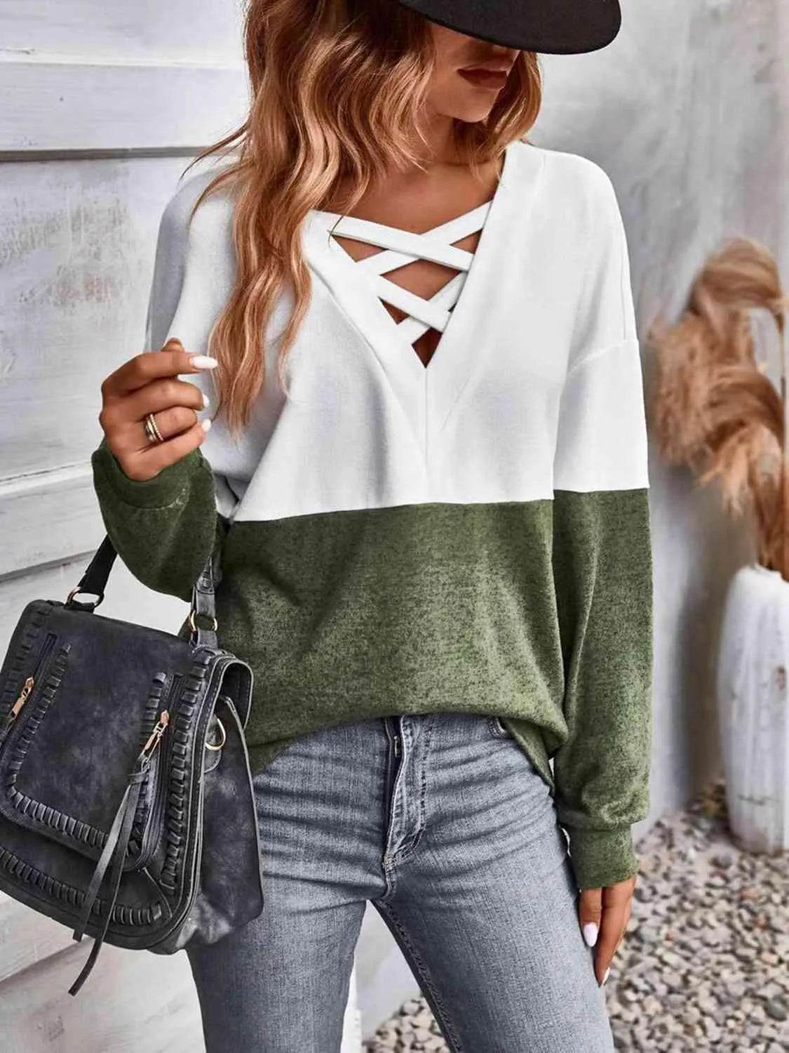 Two-Tone Crisscross Detail Sweatshirt - Bona Fide Fashion