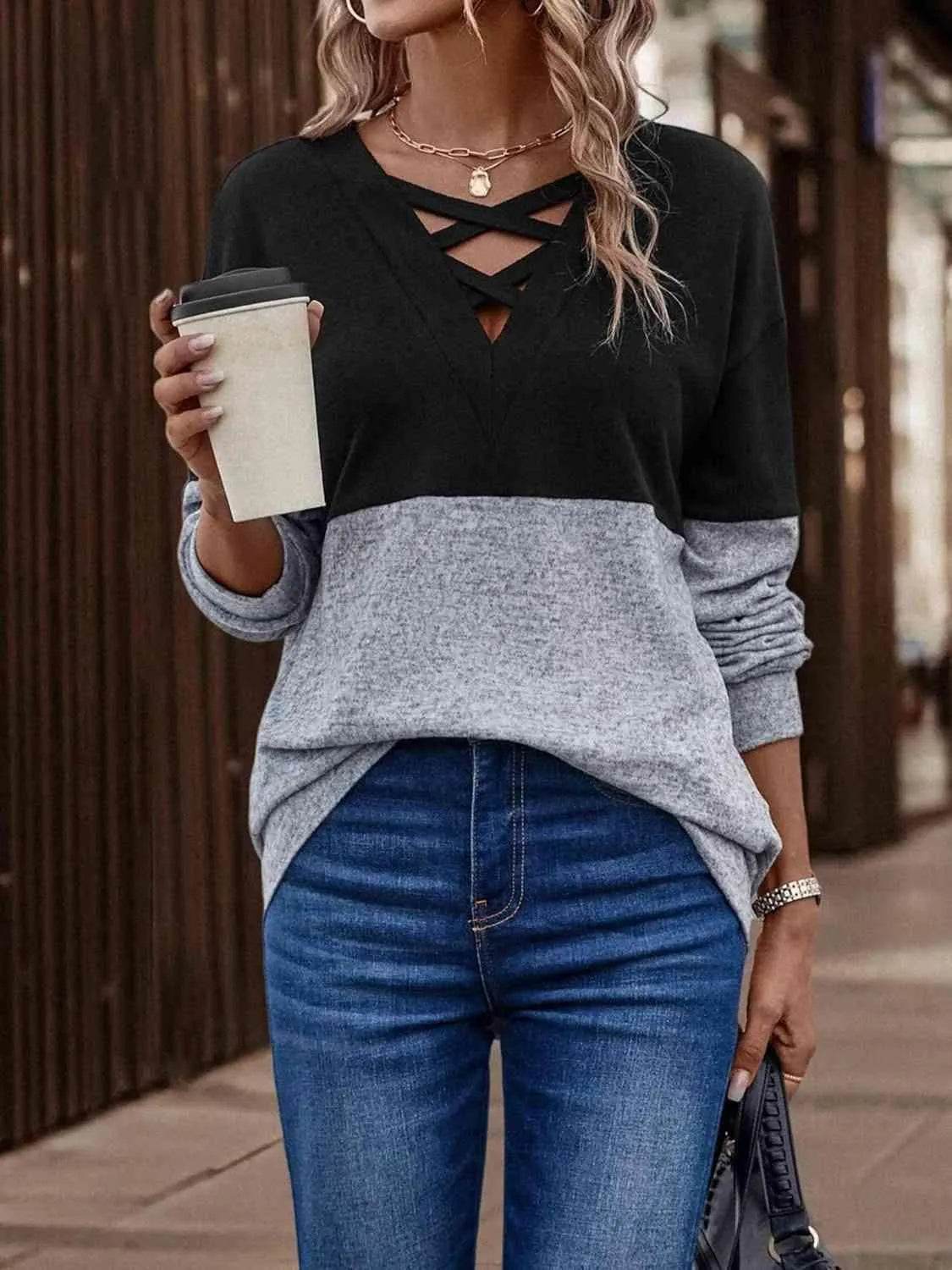 Two-Tone Crisscross Detail Sweatshirt - Bona Fide Fashion