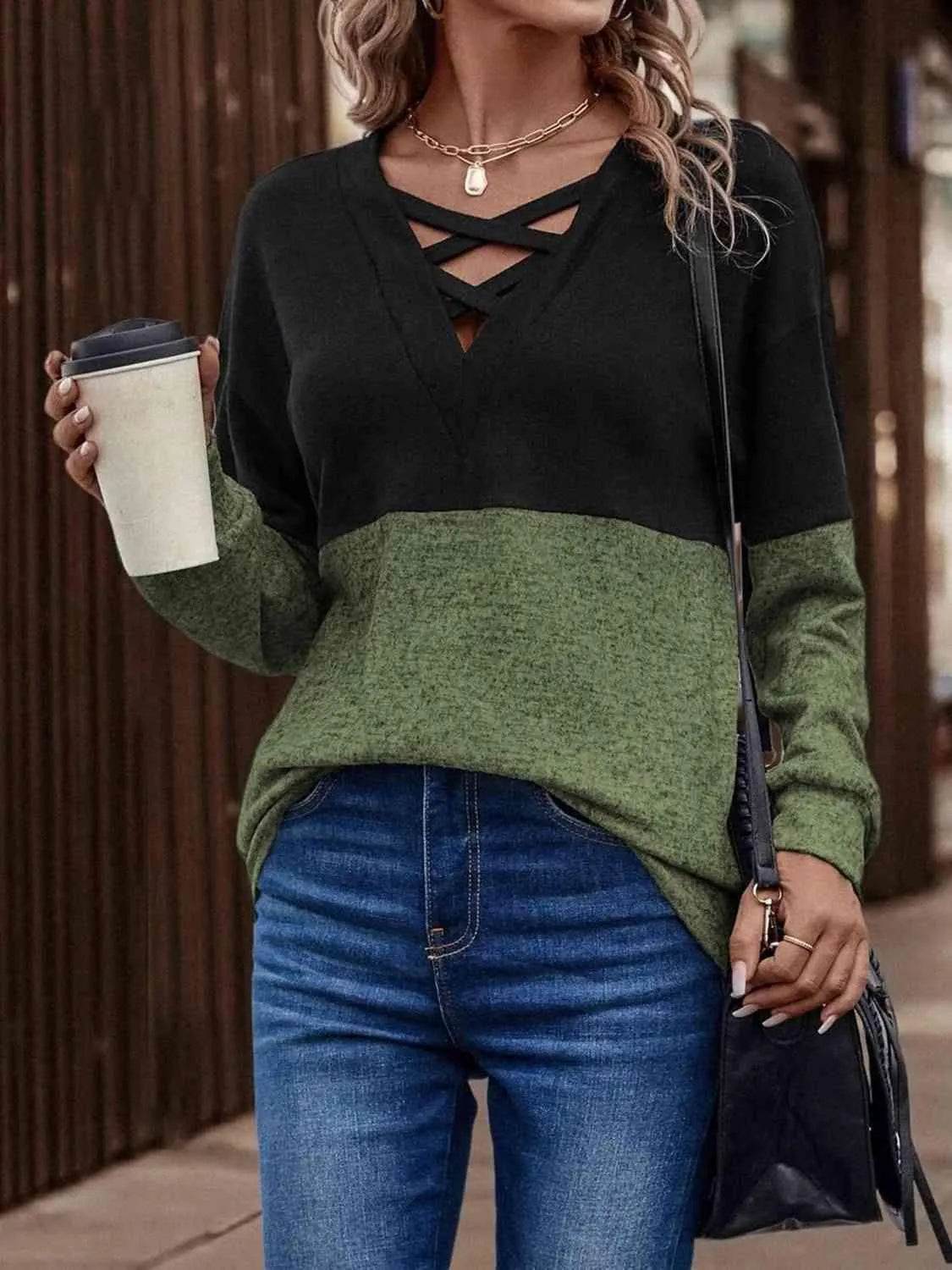 Two-Tone Crisscross Detail Sweatshirt - Bona Fide Fashion