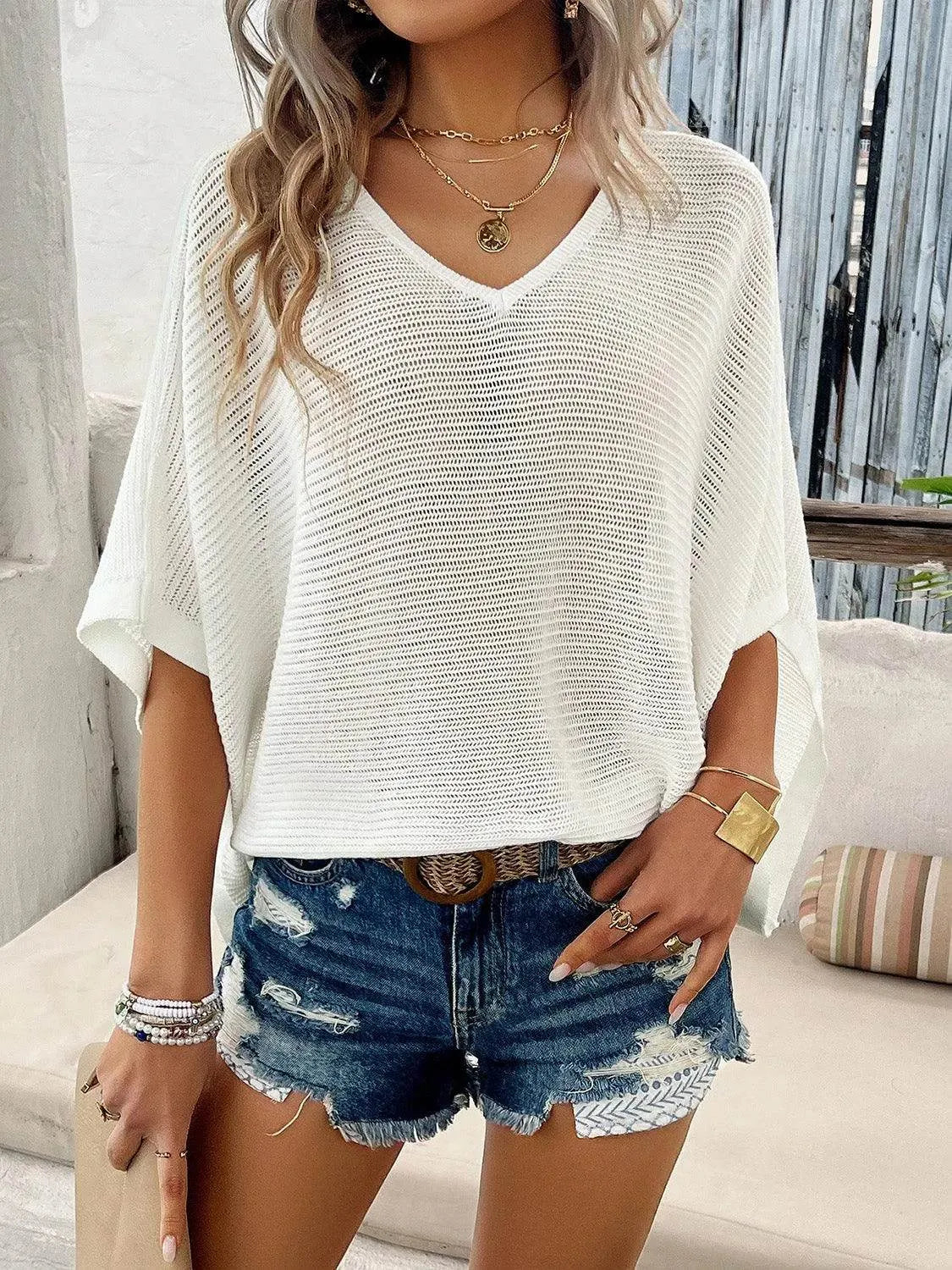 V-Neck Batwing Sleeve Knit Top - Bona Fide Fashion