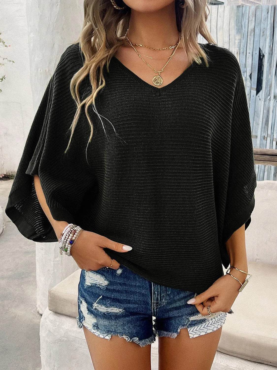 V-Neck Batwing Sleeve Knit Top - Bona Fide Fashion