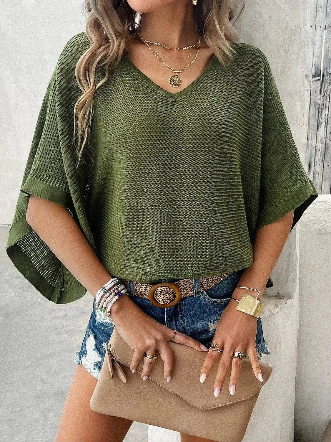 V-Neck Batwing Sleeve Knit Top - Bona Fide Fashion