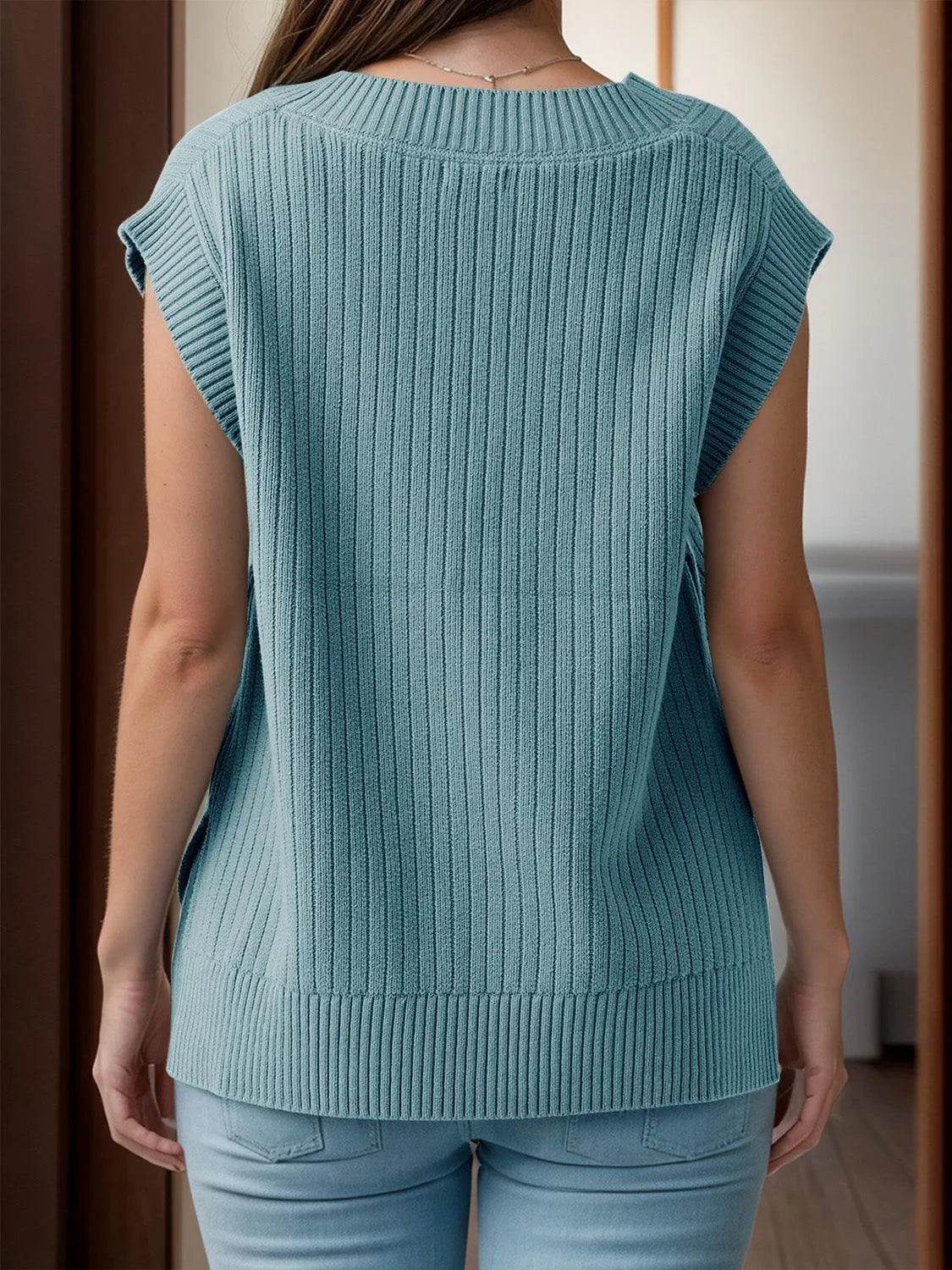 V-Neck Cap Sleeve Knit Vest - Bona Fide Fashion