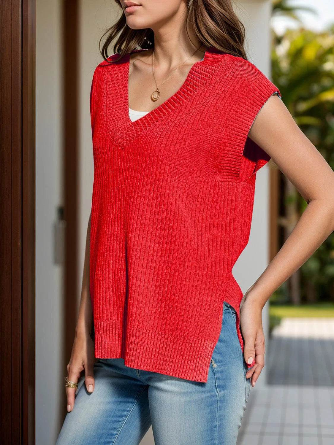 V-Neck Cap Sleeve Knit Vest - Bona Fide Fashion