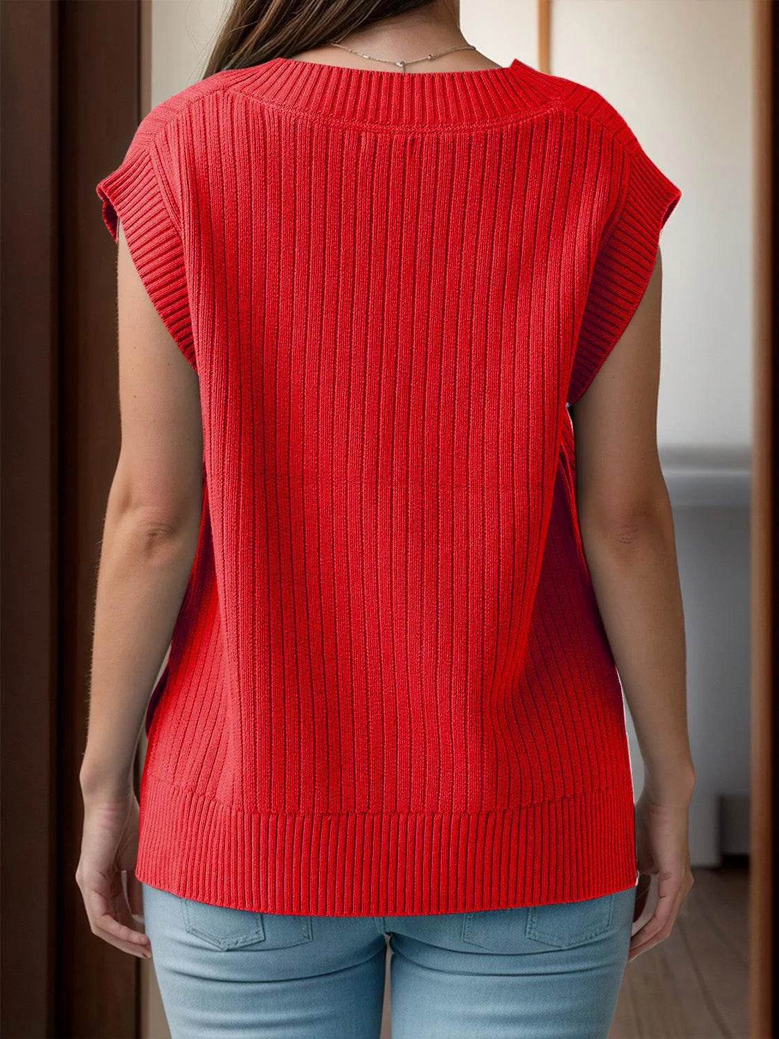V-Neck Cap Sleeve Knit Vest - Bona Fide Fashion