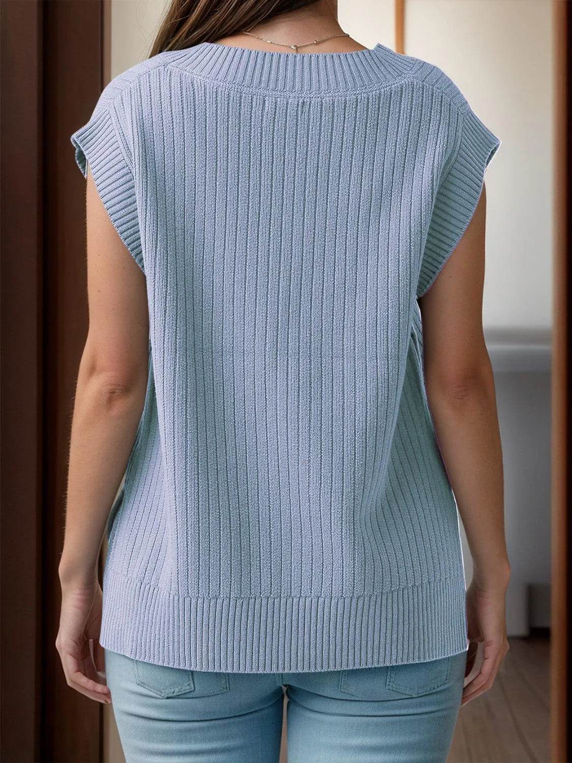 V-Neck Cap Sleeve Knit Vest - Bona Fide Fashion