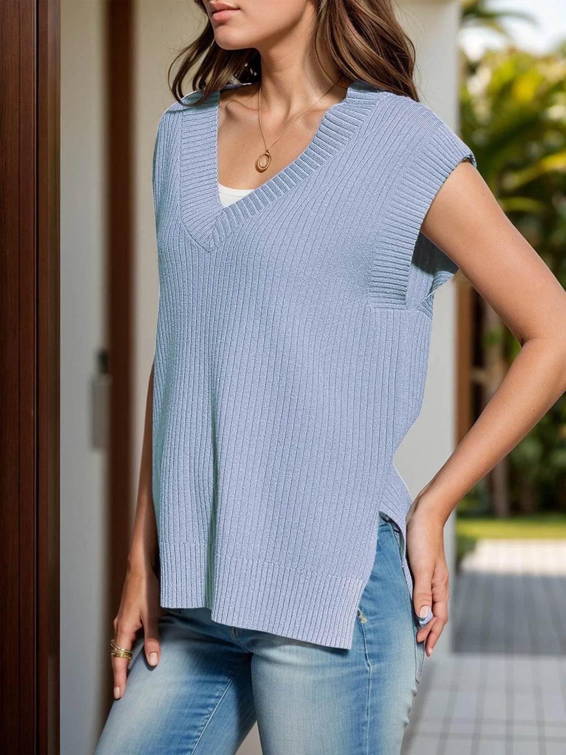 V-Neck Cap Sleeve Knit Vest - Bona Fide Fashion