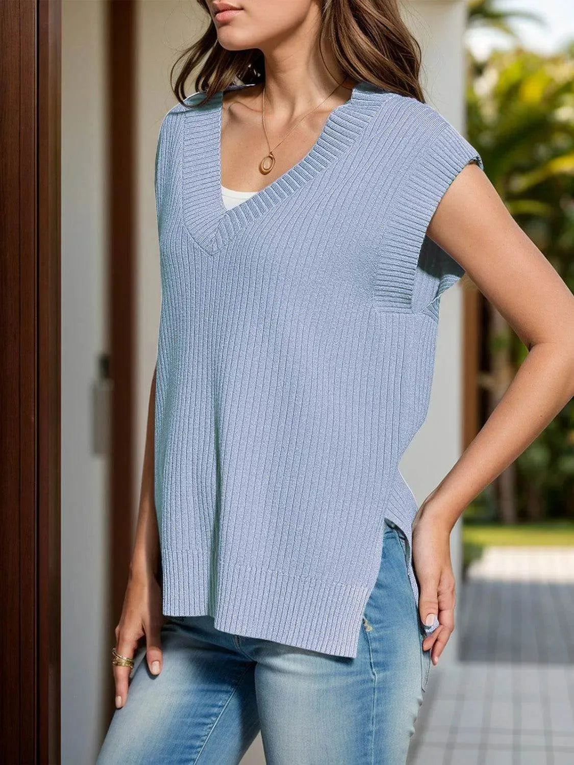 V-Neck Cap Sleeve Knit Vest - Bona Fide Fashion