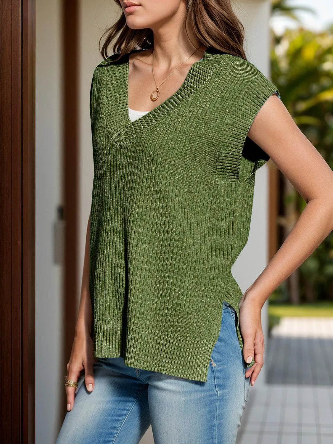 V-Neck Cap Sleeve Knit Vest - Bona Fide Fashion