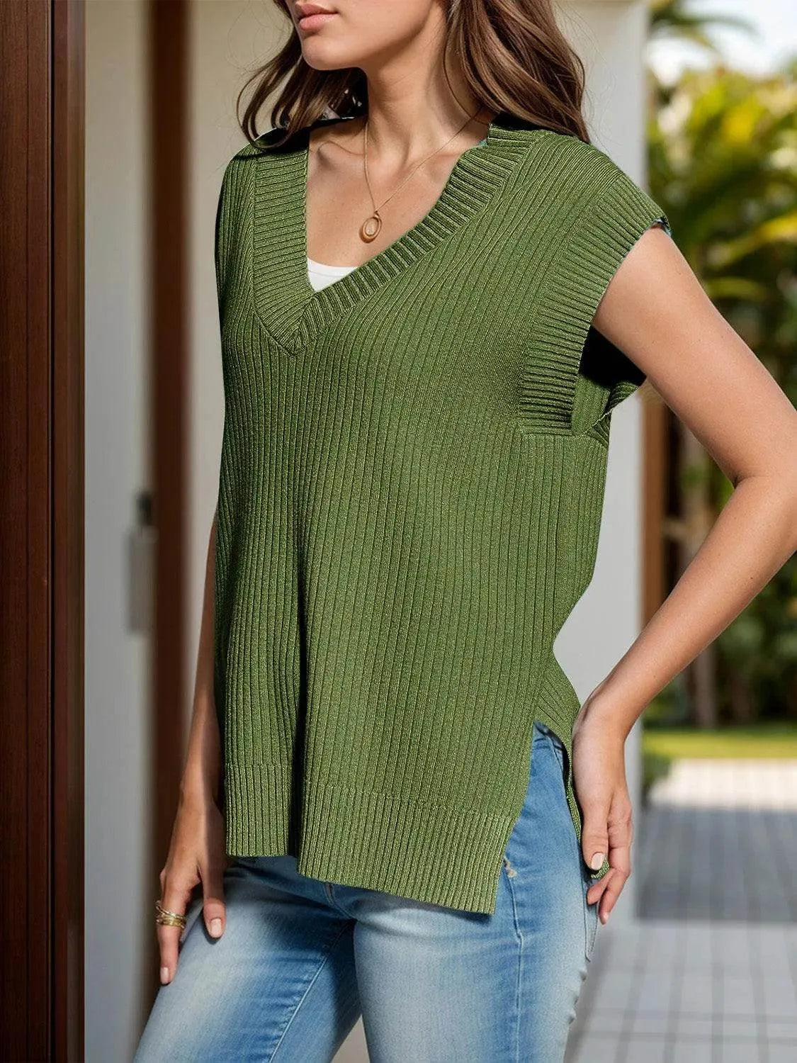V-Neck Cap Sleeve Knit Vest - Bona Fide Fashion