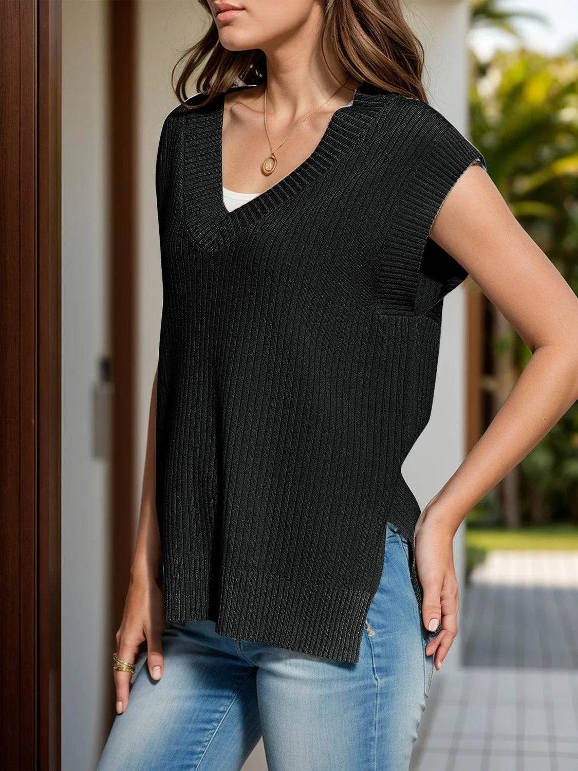 V-Neck Cap Sleeve Knit Vest - Bona Fide Fashion