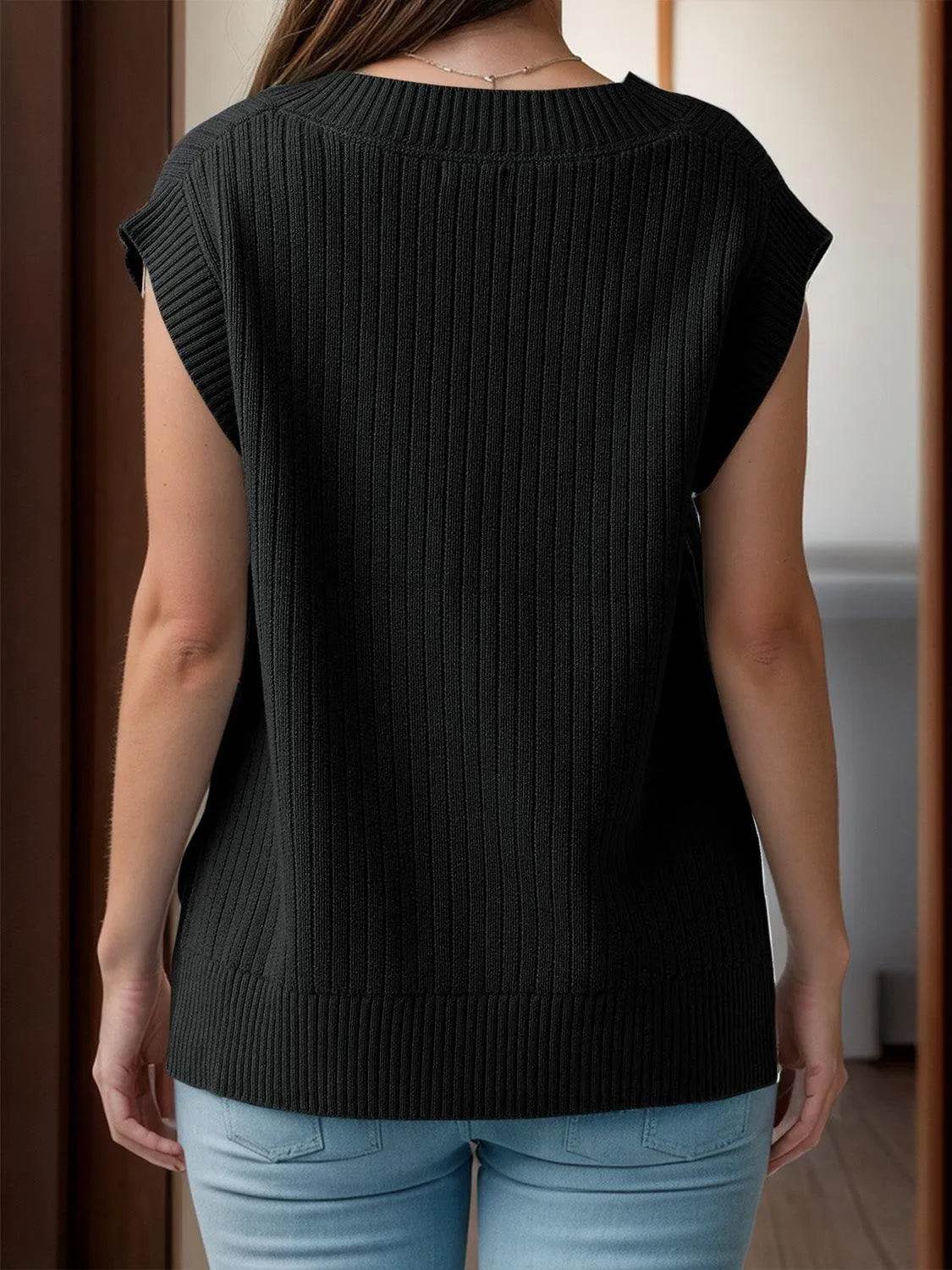 V-Neck Cap Sleeve Knit Vest - Bona Fide Fashion