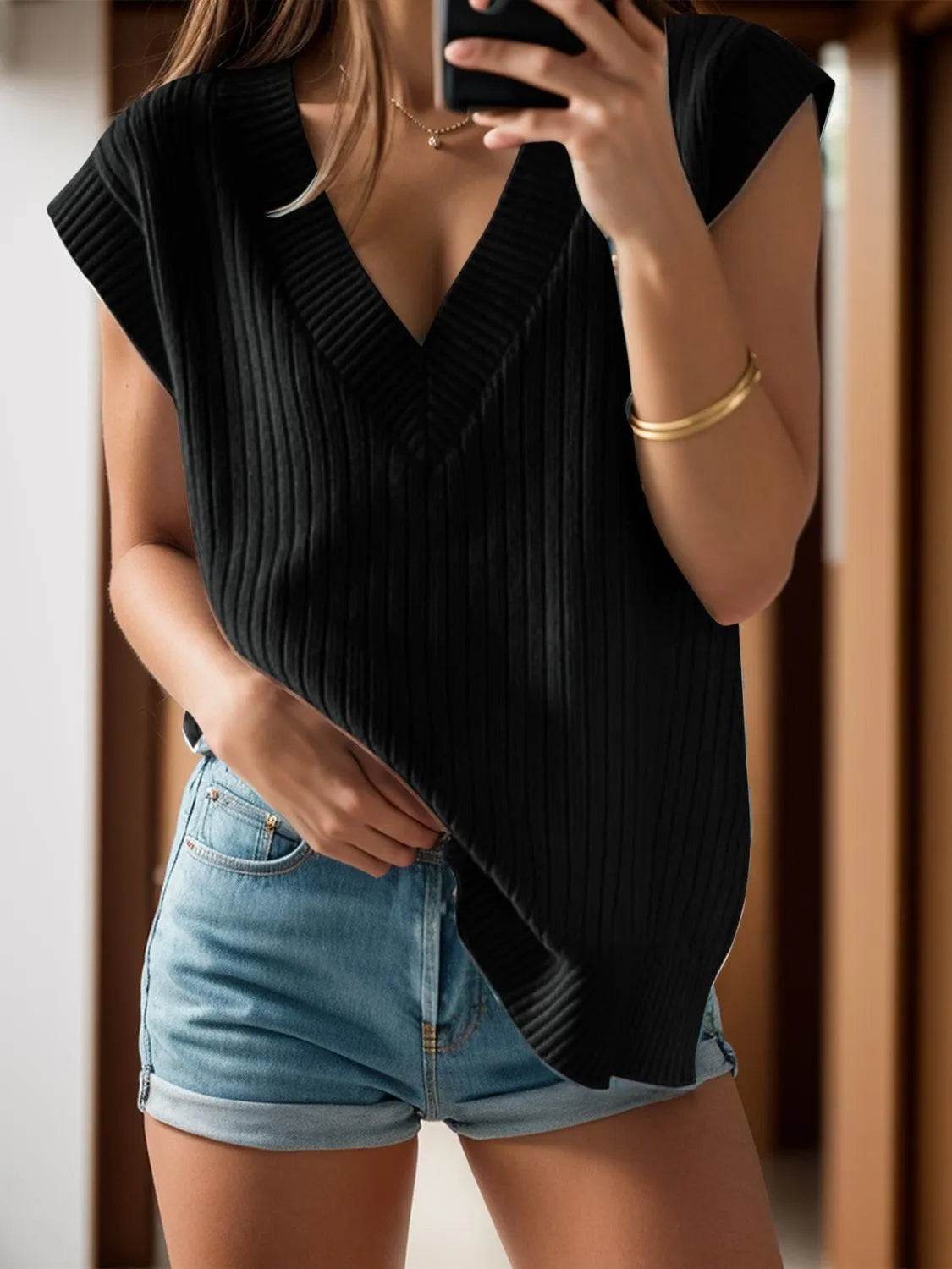 V-Neck Cap Sleeve Knit Vest - Bona Fide Fashion