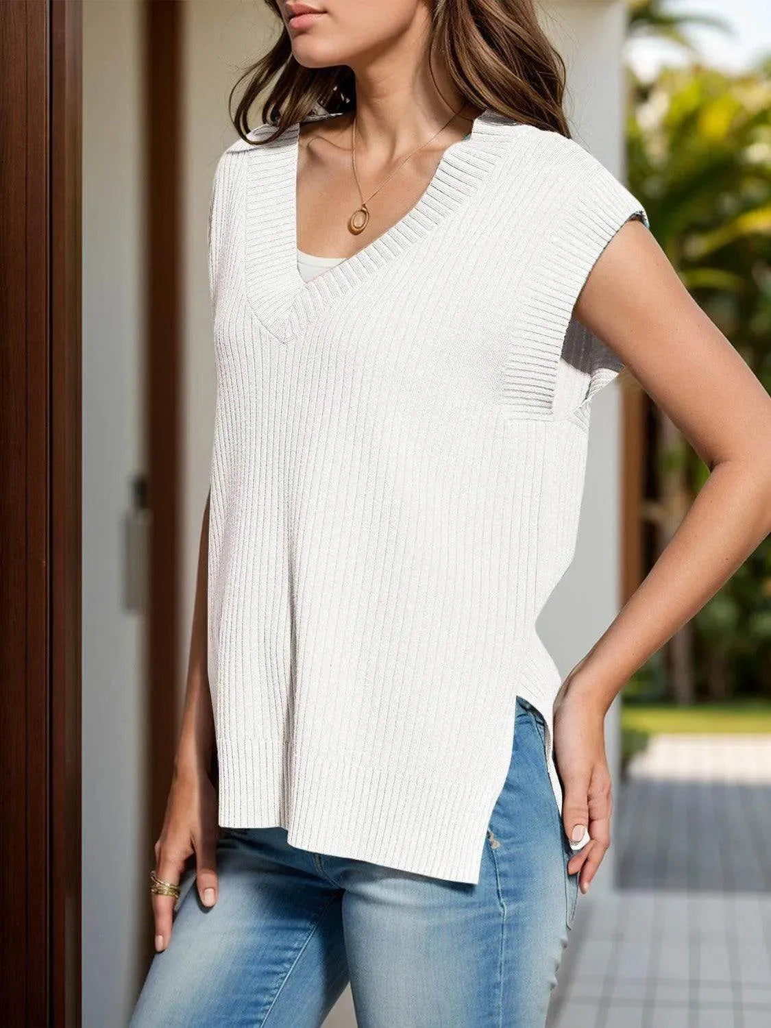 V-Neck Cap Sleeve Knit Vest - Bona Fide Fashion