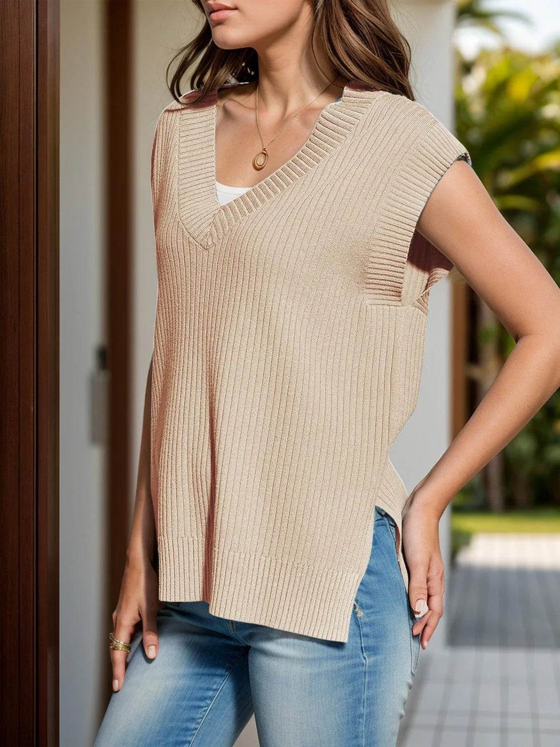 V-Neck Cap Sleeve Knit Vest - Bona Fide Fashion