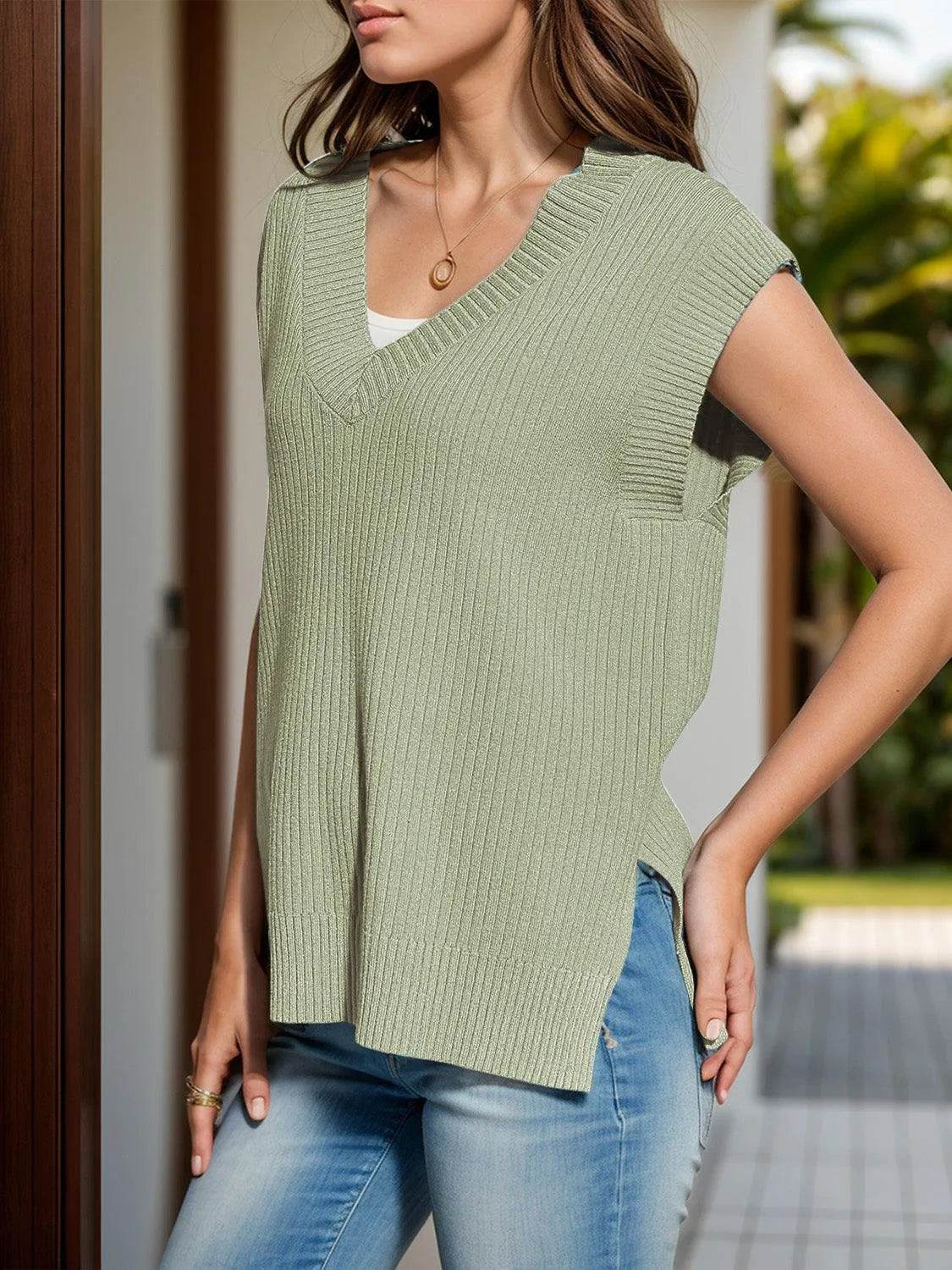 V-Neck Cap Sleeve Knit Vest - Bona Fide Fashion