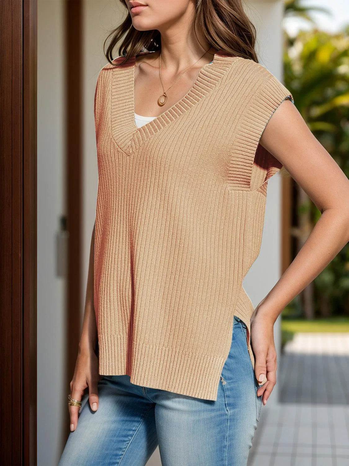 V-Neck Cap Sleeve Knit Vest - Bona Fide Fashion