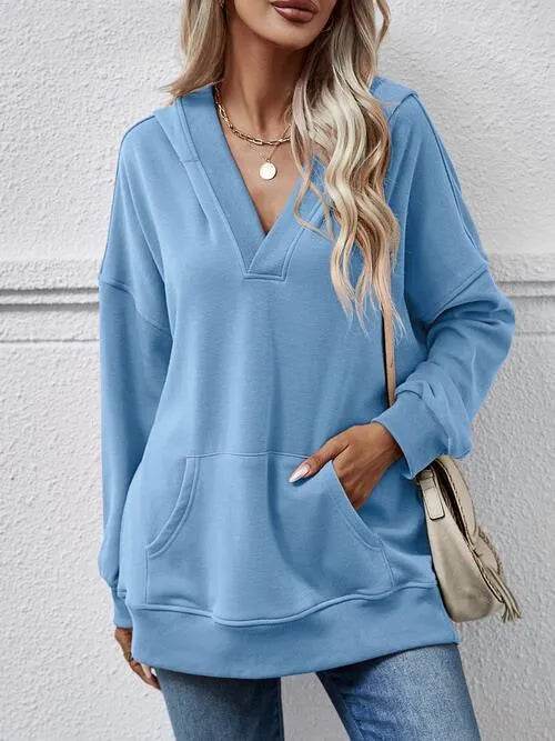 V-Neck Drop Shoulder Long Sleeve Hoodie - Bona Fide Fashion