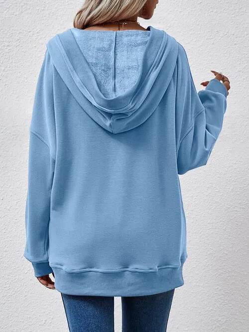 V-Neck Drop Shoulder Long Sleeve Hoodie - Bona Fide Fashion