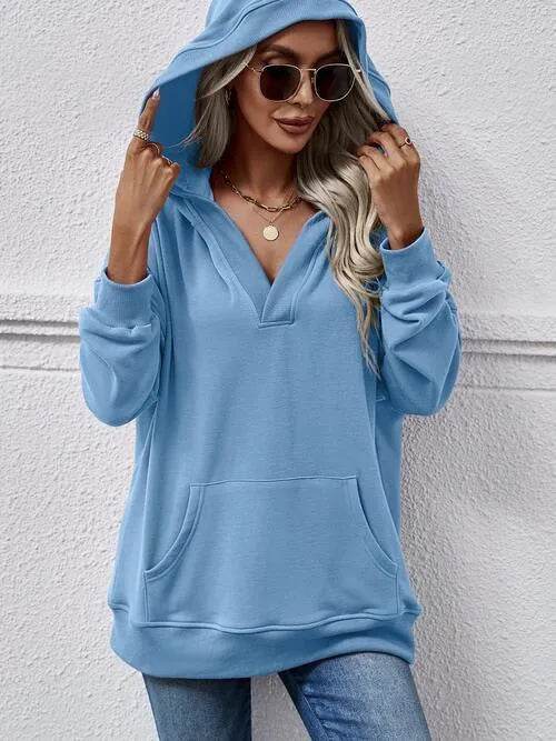 V-Neck Drop Shoulder Long Sleeve Hoodie - Bona Fide Fashion