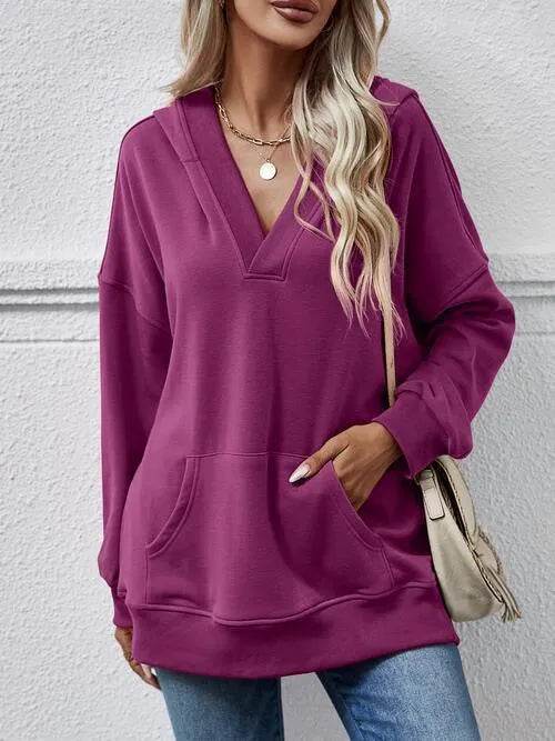 V-Neck Drop Shoulder Long Sleeve Hoodie - Bona Fide Fashion